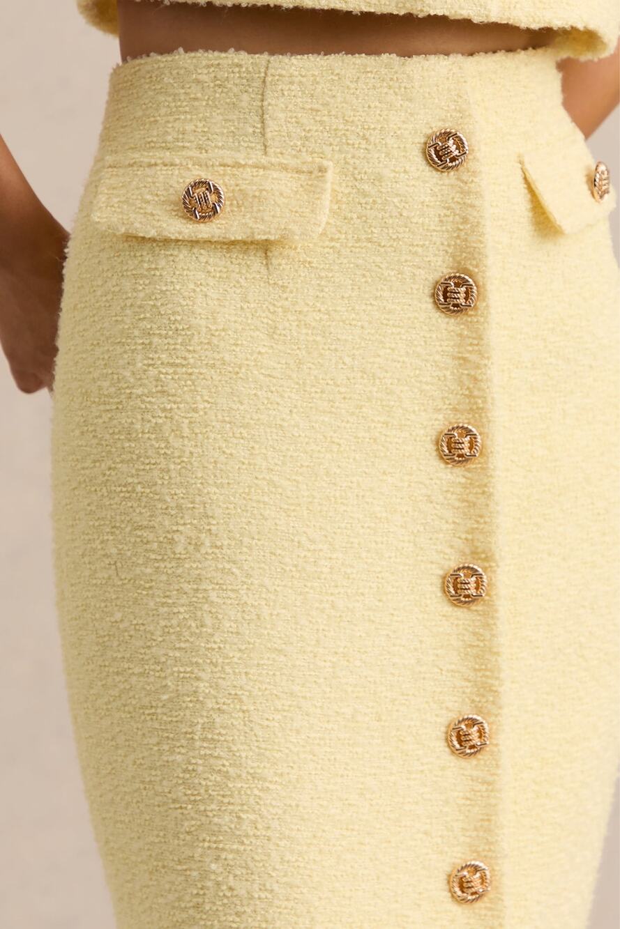 Club London Glyra Lemon Tailored Midi-Skirt With Gold Button-Detailing SZ 12 NWT
